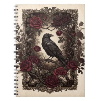 Caderno Espiral Desenho de Moldura Vintage com Corvo Gótico e Rosa