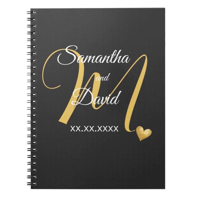 Caderno Espiral Desenho de Monograma de Casamento com Nomes e Data (Frente)