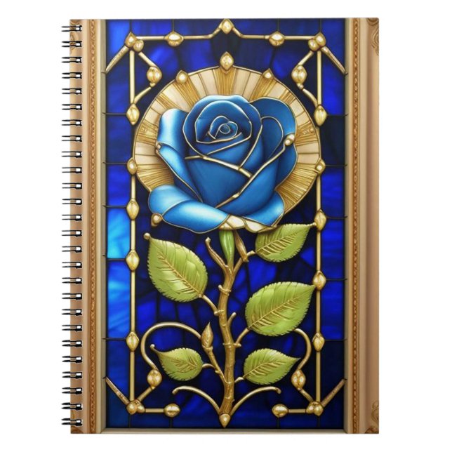 Caderno Espiral Desenho de Rosa Azul em Vidro Colorido (Frente)