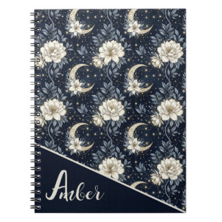 Caderno Espiral Desenho Floral Celestial de Meia-Noite & Lua Cresc