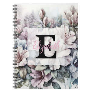 Caderno Espiral Desenho floral monograma floral rosa azul azáleas 