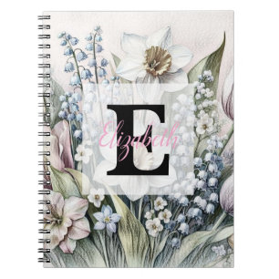 Caderno Espiral Desenho floral monograma tulipas narcisos rosa