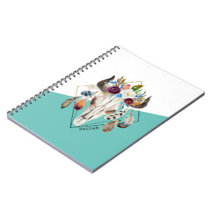 Caderno Espiral Desenho geométrico de caveira de touro com flores 