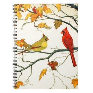 Caderno Espiral Desenho japonês venenoso, cardeais em um galho