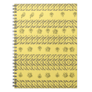 Caderno Espiral Desenho Manual Boho Floral Geométrico em Mostarda