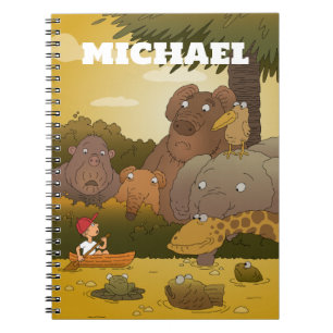 Caderno Espiral Desenho Menino Corajoso Safari Animais da Selva Ju