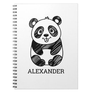 Caderno Espiral Desenho Minimalista de Panda Fofo em Preto e Branc