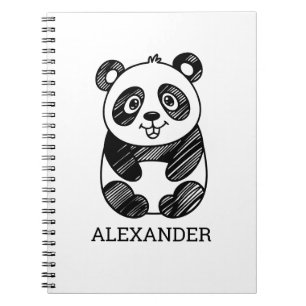Caderno Espiral Desenho Minimalista de Panda Fofo em Preto e Branc