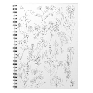 Caderno Espiral desenho preto e branco da linha de flores silvestr