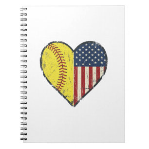 Caderno Espiral Desenho Vetorial Vintage Coração de Softbol Patrió