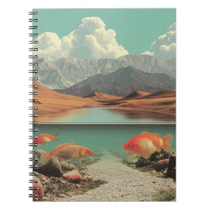 Caderno Espiral Deserto e Lago Surreal com Peixes Dourados