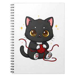 Caderno Espiral Design Chibi de Gato Preto Divertido