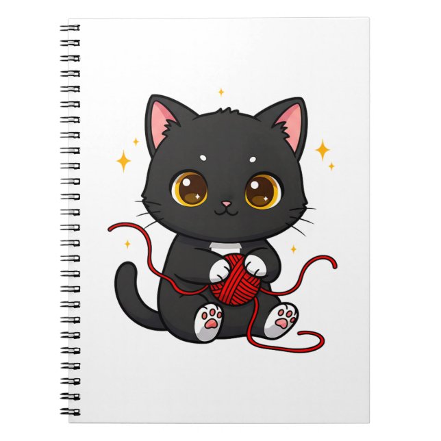 Caderno Espiral Design Chibi de Gato Preto Divertido (Frente)