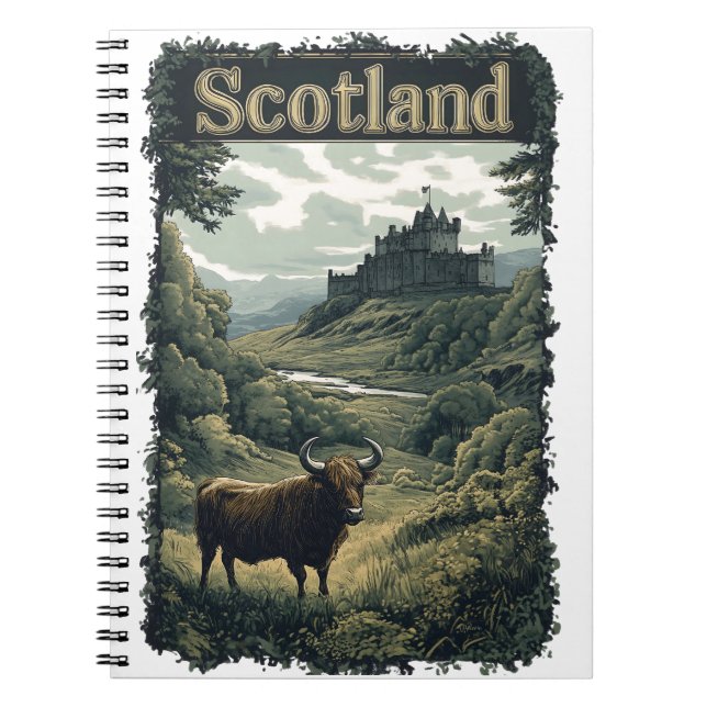 Caderno Espiral Design da Escócia: Highland Cow, Castle e Scenery (Frente)