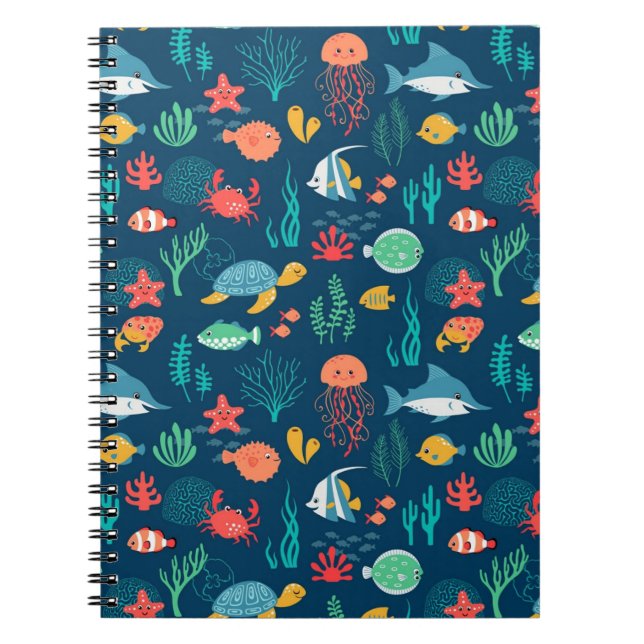 Caderno Espiral Design de animação da vida marinha (Frente)