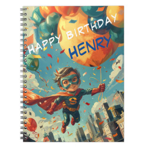 Caderno Espiral Design de Aniversário de Super-Herói para Crianças