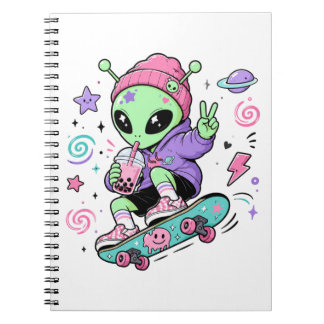 Caderno Espiral Design de Bubble Tea com Alien Skater Kawaii