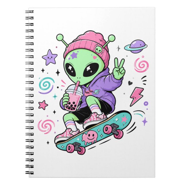 Caderno Espiral Design de Bubble Tea com Alien Skater Kawaii (Frente)