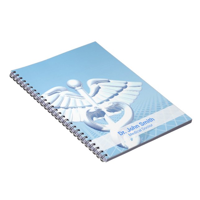 Caderno Espiral Design de Caduceu 3D Branco Médico Azul (Lado Direito)