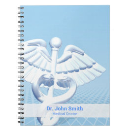 Caderno Espiral Design de Caduceu 3D Branco Médico Azul