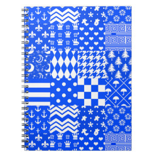 Caderno Espiral Design de Correção de Padrões Mistos Branco Azul