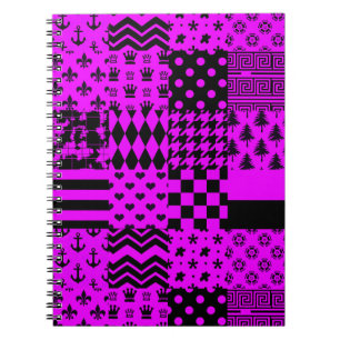 Caderno Espiral Design de Correção de Padrões Mistos Pretos Roxos