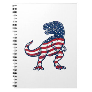 Caderno Espiral Design de Dinossauro T-Rex Patriótico Bandeira Ame