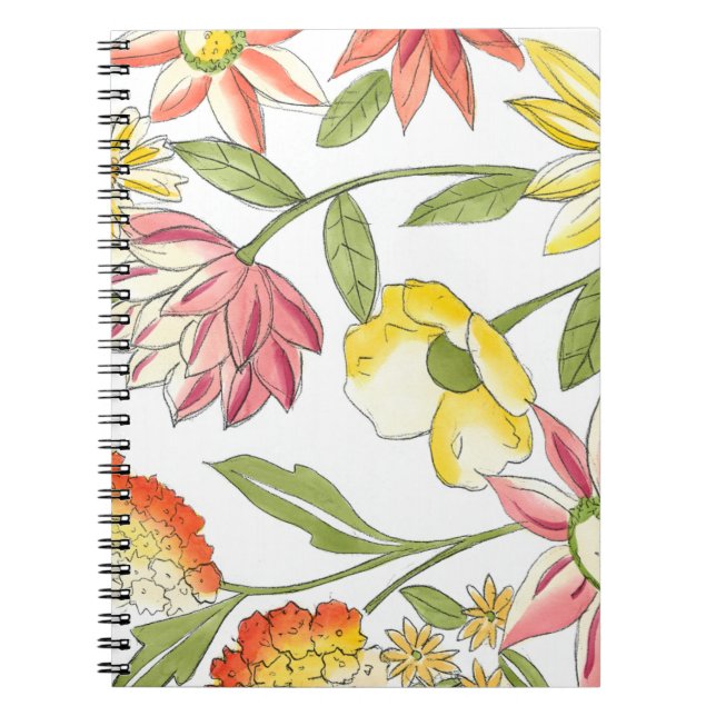 Caderno Espiral Design de Jardim Floral com Fundo Branco (Frente)