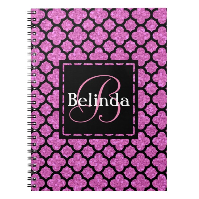 Caderno Espiral Design de Monograma e Quatrefoil Rosa (Frente)