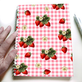 Caderno Espiral Design de morango em gingham vermelho simples