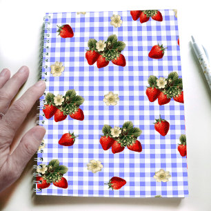 Caderno Espiral Design de morango no notebook simples gingham azul