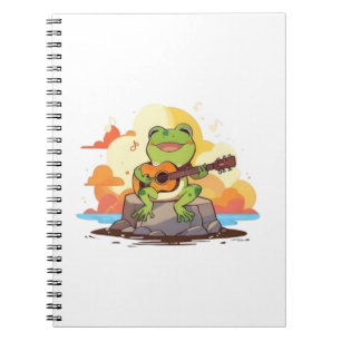 Caderno Espiral Design de Música Kawaii Pôr do Sol Sapo com Guitar