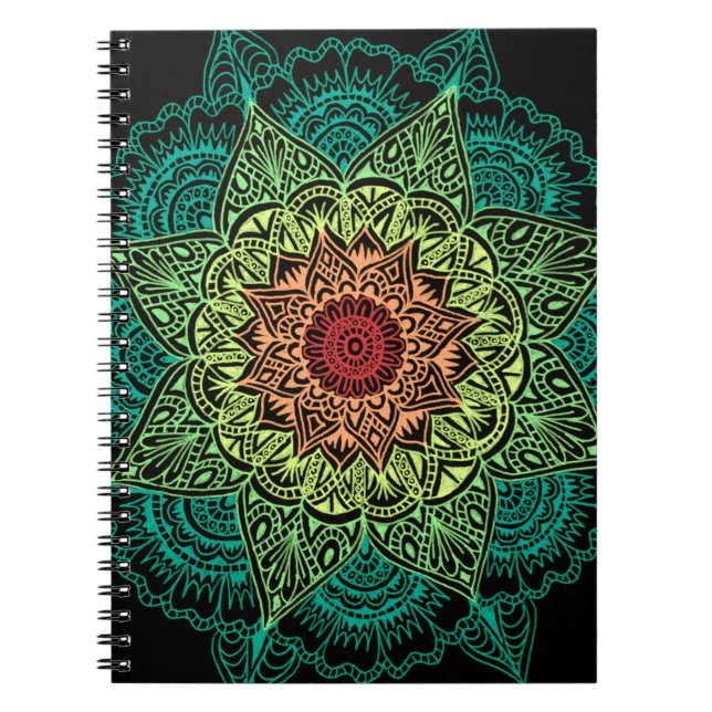 Caderno Espiral Design de néon da mandala (Frente)