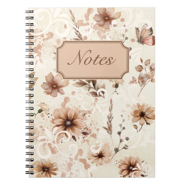 Caderno Espiral Design de ornamento floral em tons de bege (Frente)