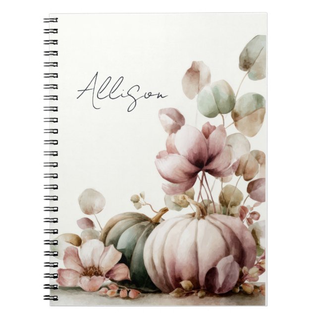Caderno Espiral Design de Outono Personalizado com Abóboras e Flor (Frente)