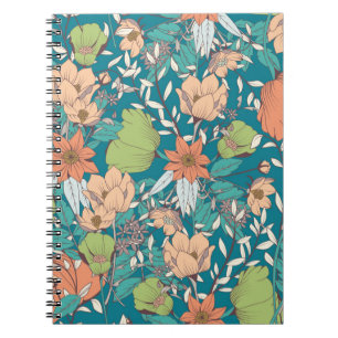 Caderno Espiral Design de padrão sem costura com flores desenhadas