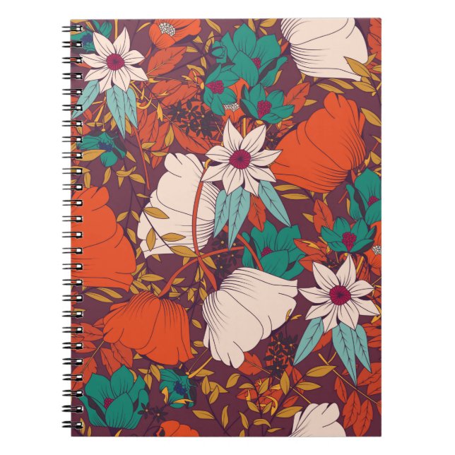 Caderno Espiral Design de padrão sem costura com flores desenhadas (Frente)
