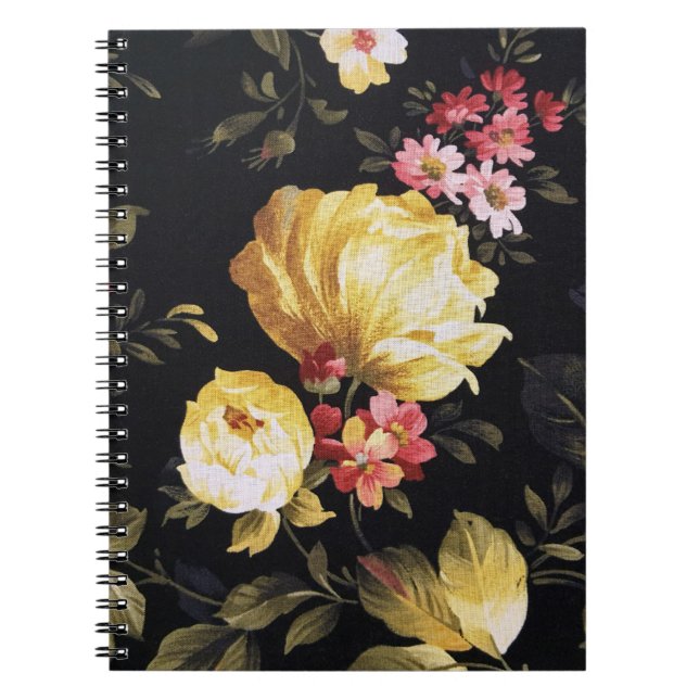 Caderno Espiral Design de Peony Amarelo em Preto (Frente)