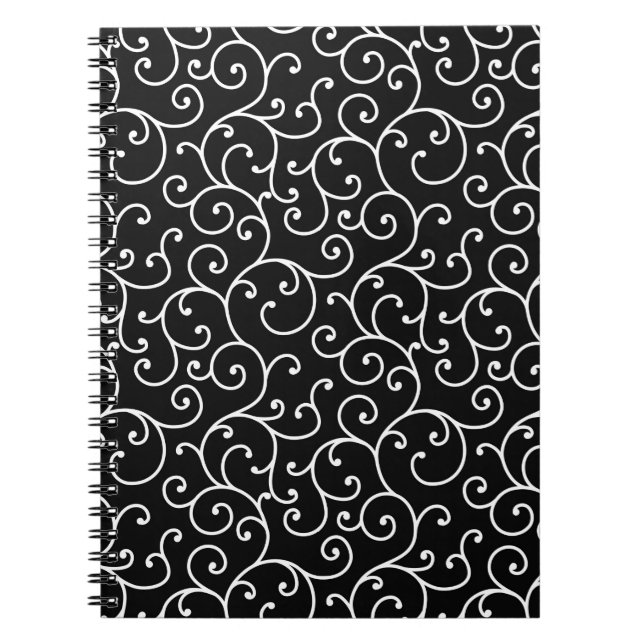 Caderno Espiral Design de rolagem uniforme em preto e branco (Frente)