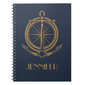 Caderno Espiral Design náutica com bússola e âncora de ouro