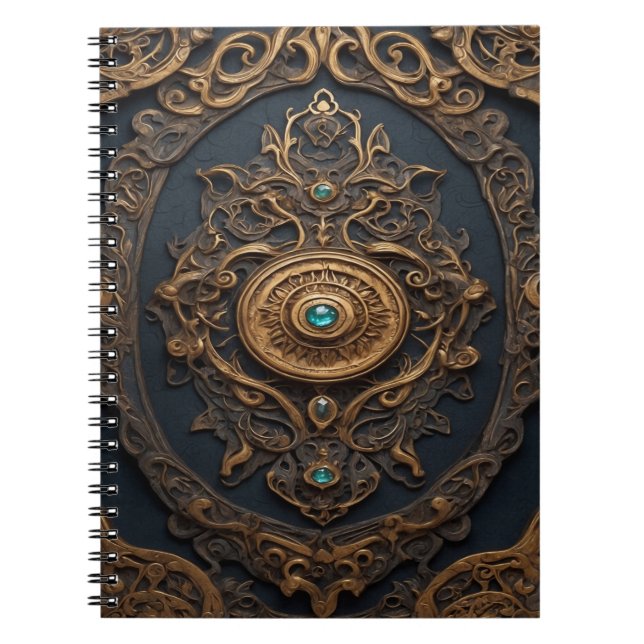 Caderno Espiral Design ornamentado antigo Dourado e azul (Frente)
