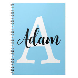 Caderno Espiral Design Personalizado Nome Monograma Azul Script