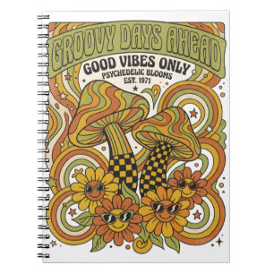 Caderno Espiral Design Psicodélico dos Anos 1970 com Cogumelos