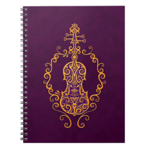 Caderno Espiral Design roxo dourado intrincado do violino