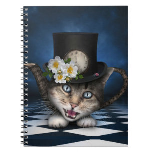 Caderno Espiral Design Whimsical Teapot Gato Mad Hatter