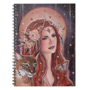 Caderno Espiral Deusa Freya com Lynx por Renee Lavoie