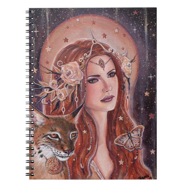 Caderno Espiral Deusa Freya com Lynx por Renee Lavoie (Frente)