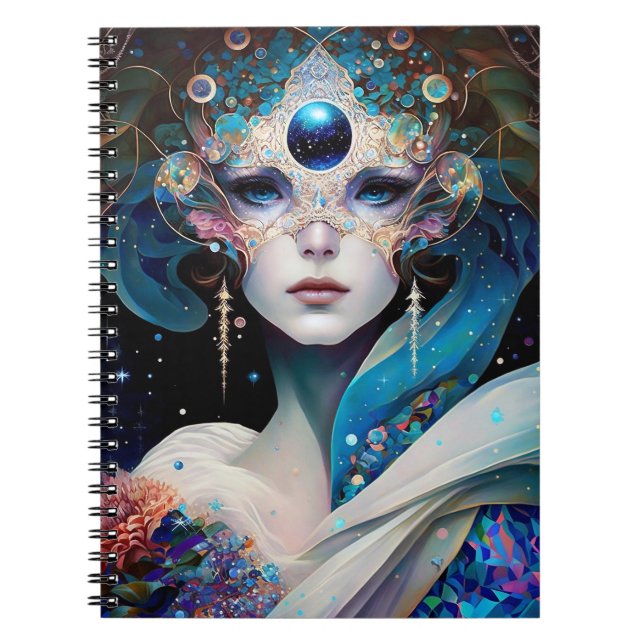 Caderno Espiral Deusa Mascarada Cósmica Rainha Fantasia Art (Frente)