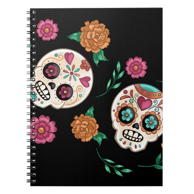 Caderno Espiral Dia das Cascas de Açúcar Mortas e Flores Negra (Frente)