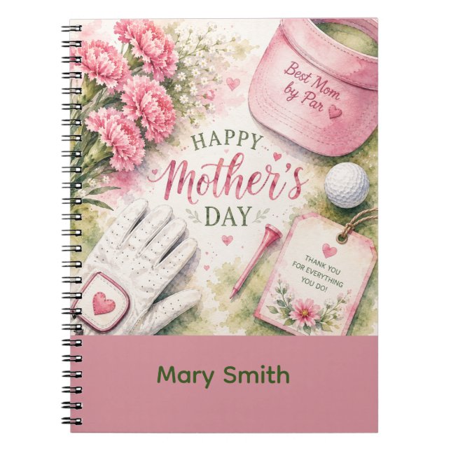 Caderno Espiral Dia das Mães de golfe com bola de golfe e flores  (Frente)